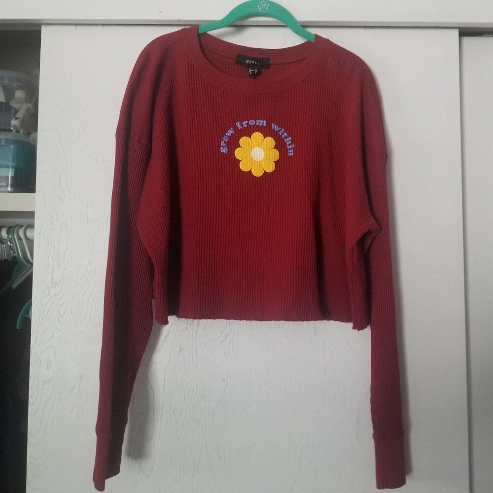 NWT Forever 21+ 1X Red Waffle Knit Crop Top Grow From Within Flower